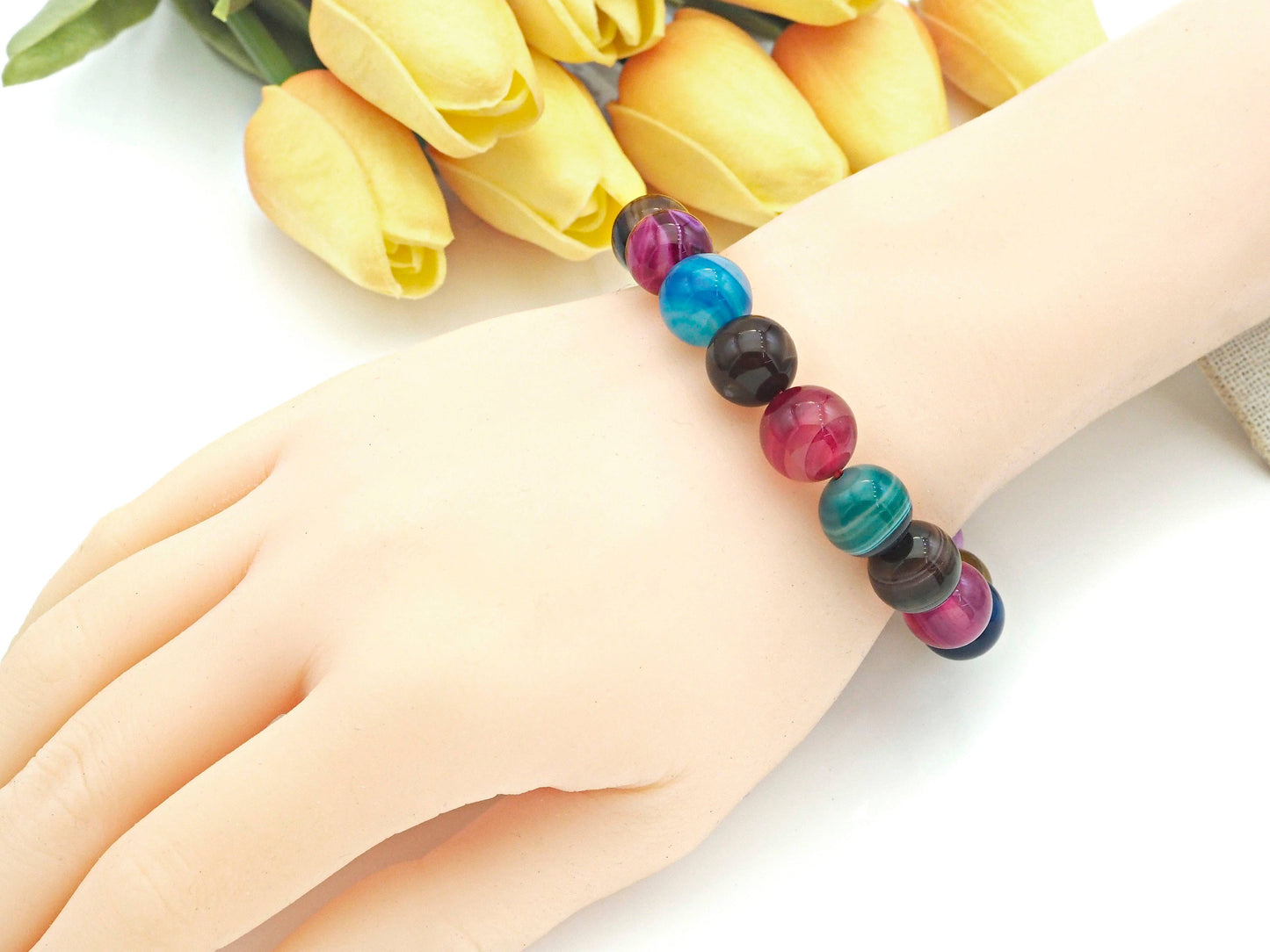 Colorful Banded Agate Stretch Bracelet,Sku#EF11