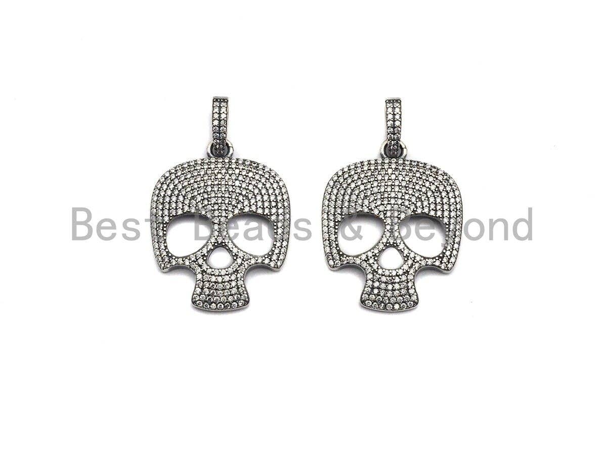 Oxidized silver CZ Micro Pave Skull Pendant/Charm, Antique SIlver Color Skull, Cubic Zirconia Pendant Charm, 26x33mm,sku#X121