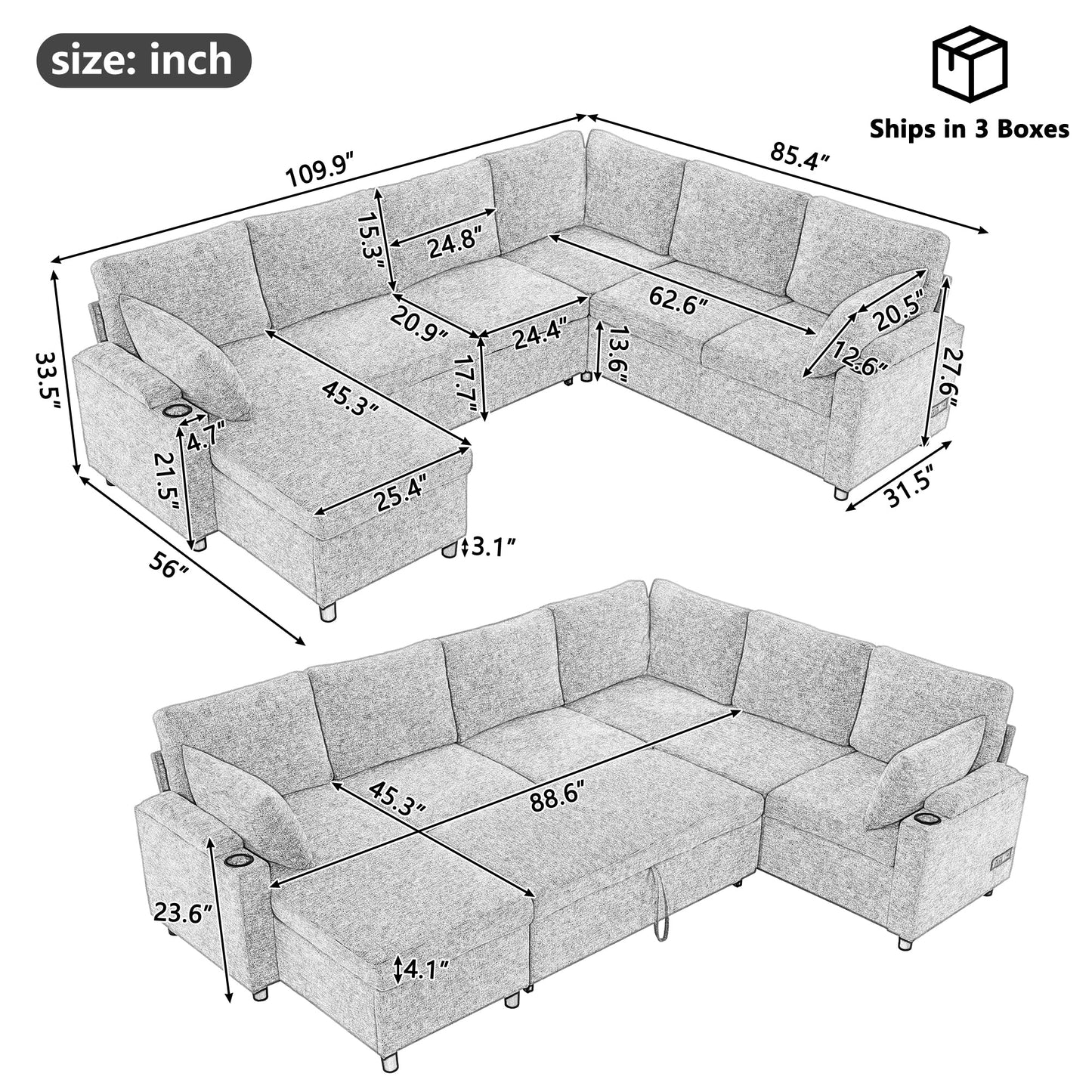 Versatile U-Shaped Sectional Sofa Bed