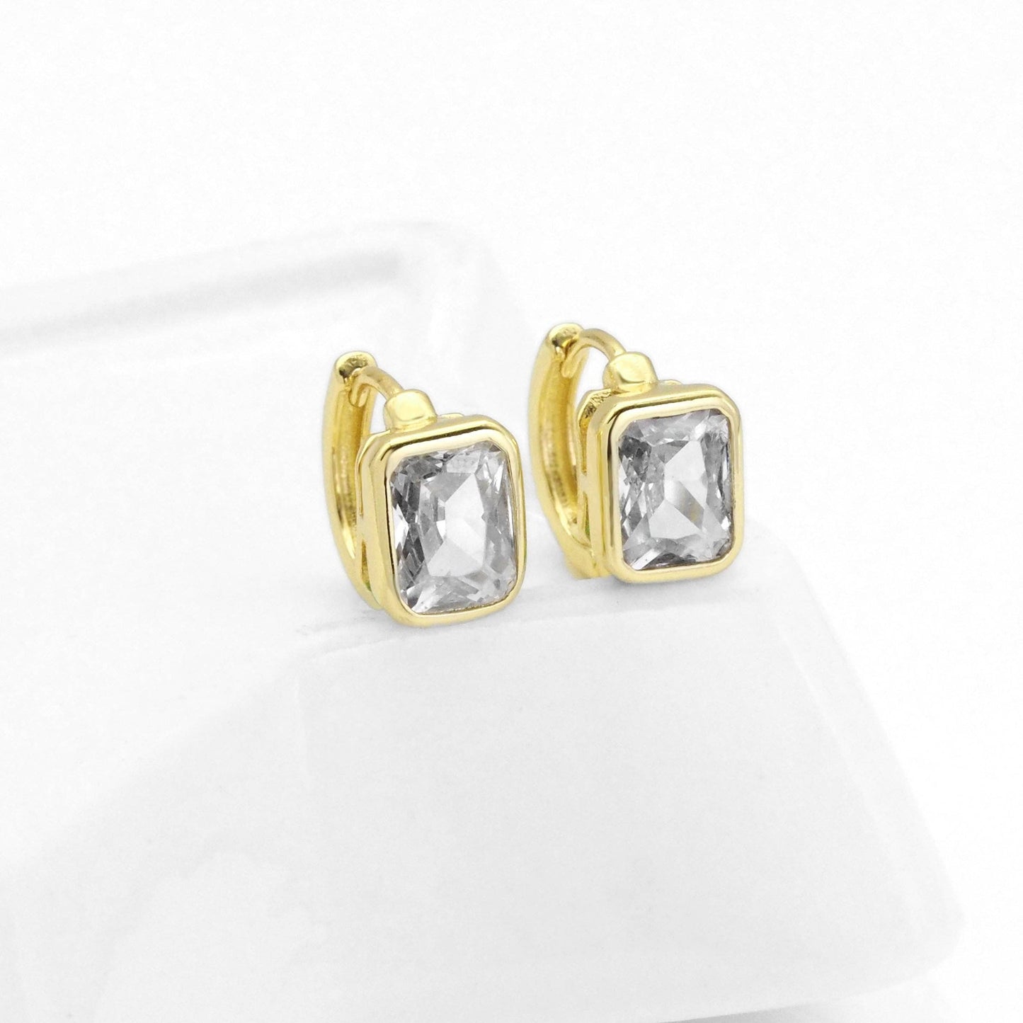Gold Big Rectangle CZ Hoop Earrings, Sku#LK860