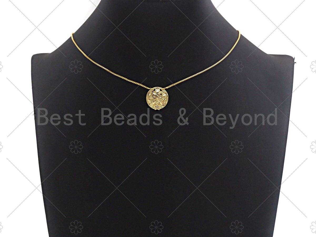 CZ Micro Pave Black CZ Square Pattern On Round Coin Shape Pendant, Dainty Gold Medallion Pendant,17mm, Sku#LK24