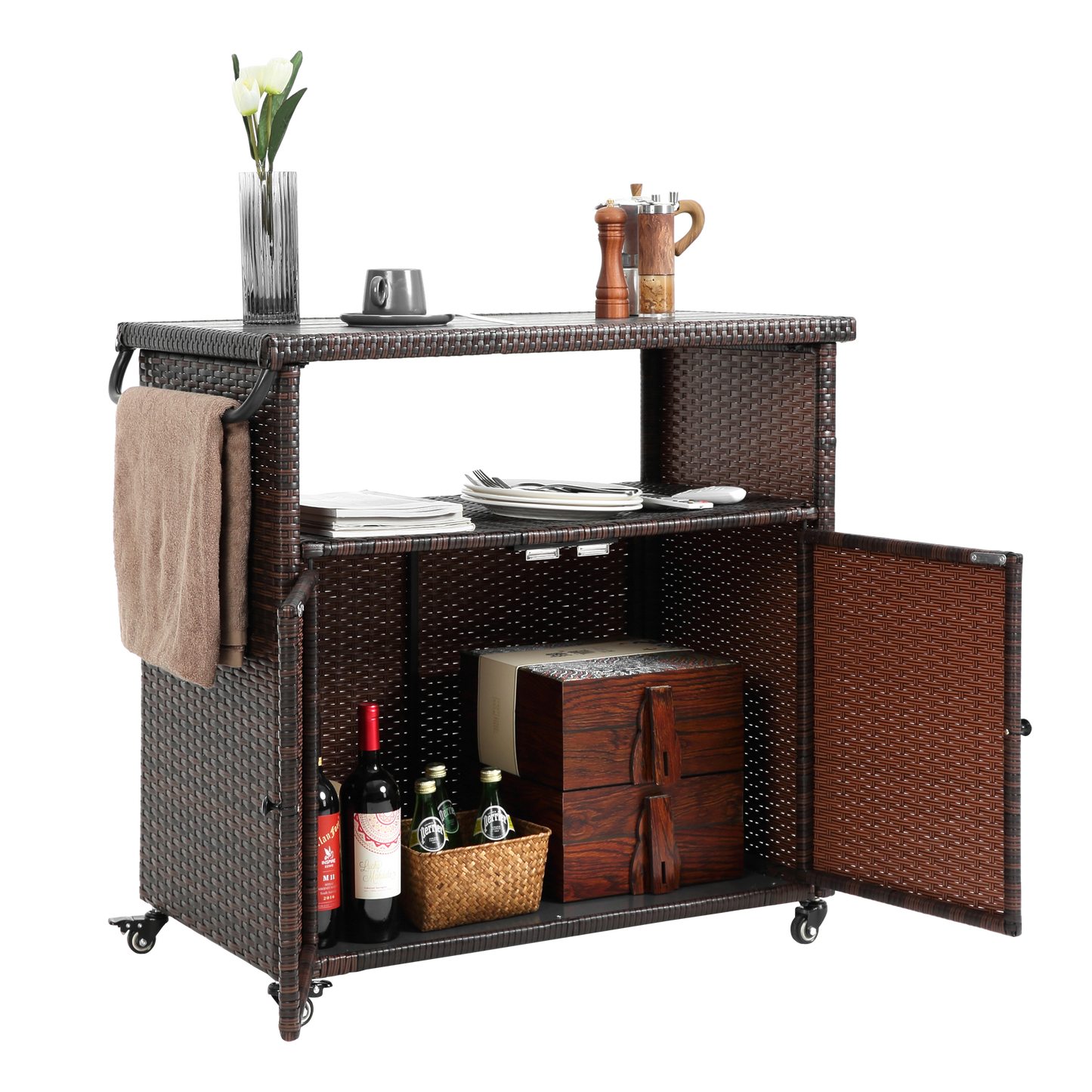 Outdoor Wicker Bar Cart, Patio Wine Serving Cart