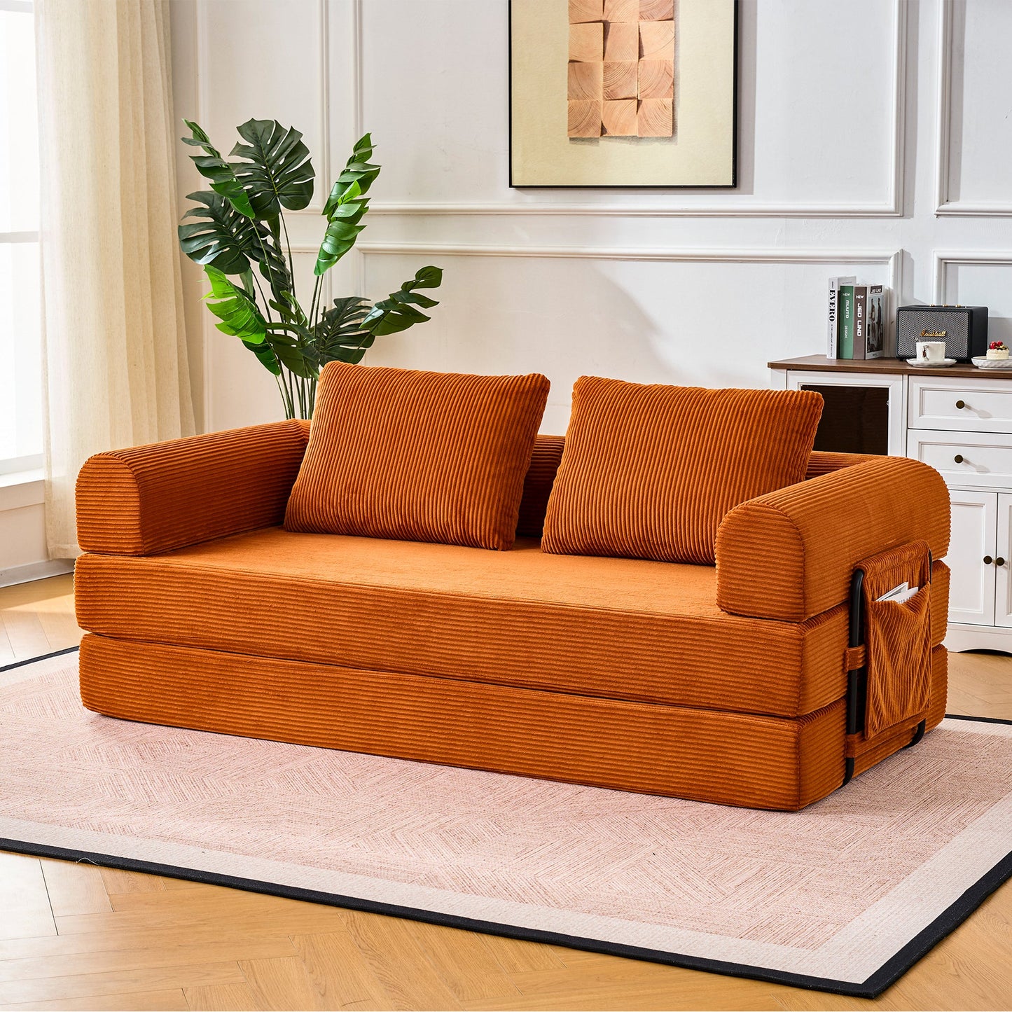 Convertible Sleeper Sofa Bed with Cylindrical Pillow - Orange