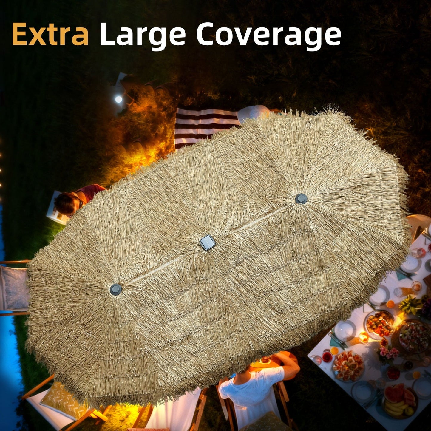 Ainfox 13ft Large Thatched Tiki Patio Umbrella with Solar LED Lights, Outdoor Heavy-Duty Double-Sided Rectangle Market Umbrella for Garden, Deck, Backyard, Pool, Beach