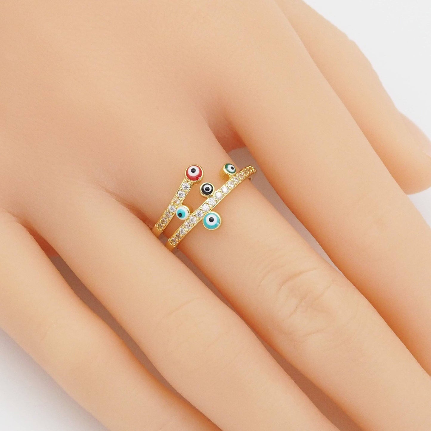 Gold CZ Enamel Evil Eye Adjustable Ring, Sku#Y861
