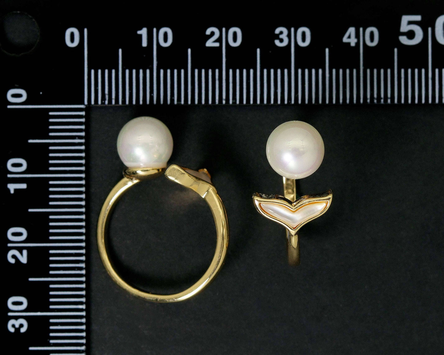Mother of  Pearl Shark Tail and Ball Open Ring, Sku#ZX46