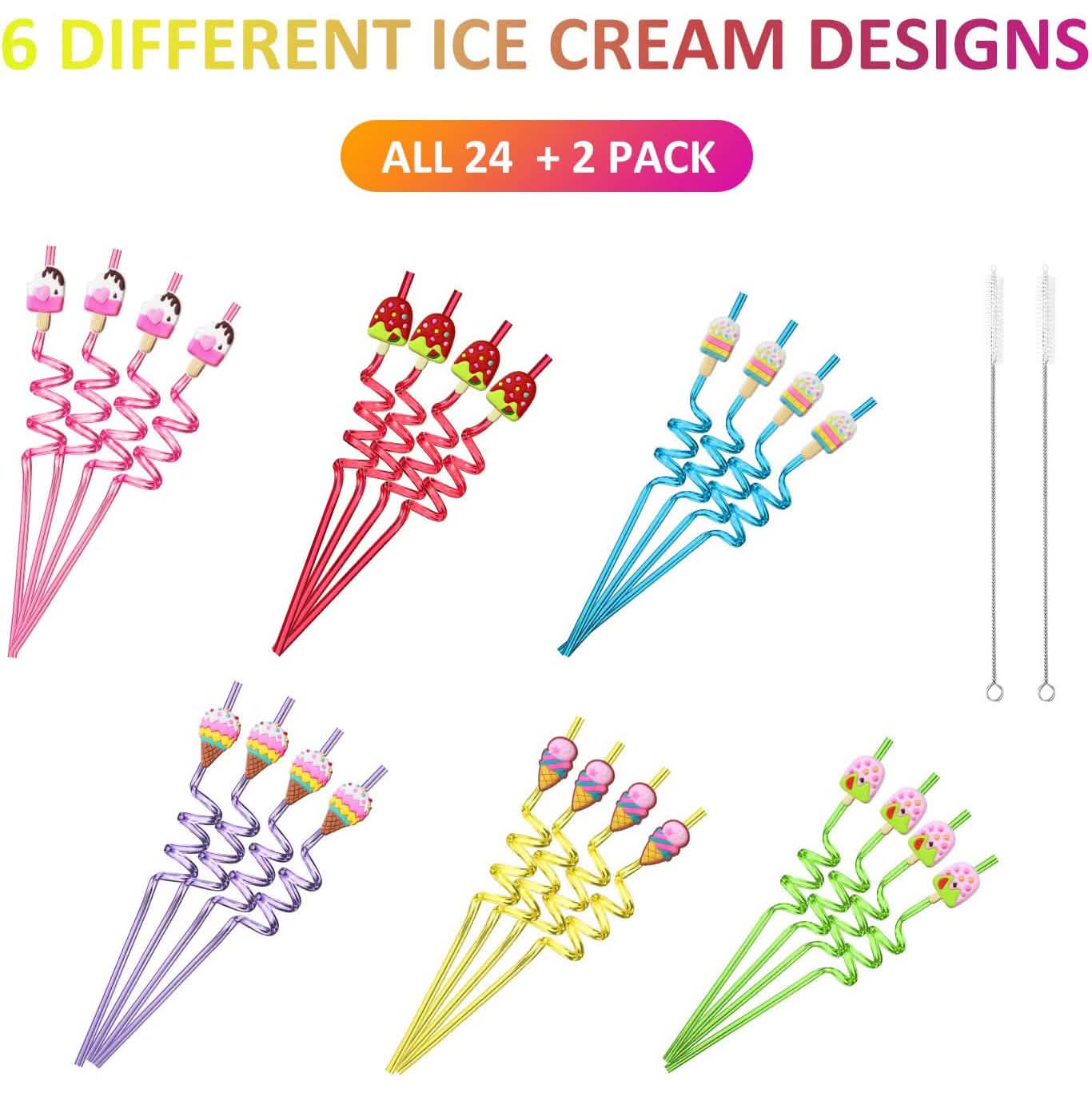 Lot de 24 pailles réutilisables pour crème glacée pour fêtes d'anniversaire