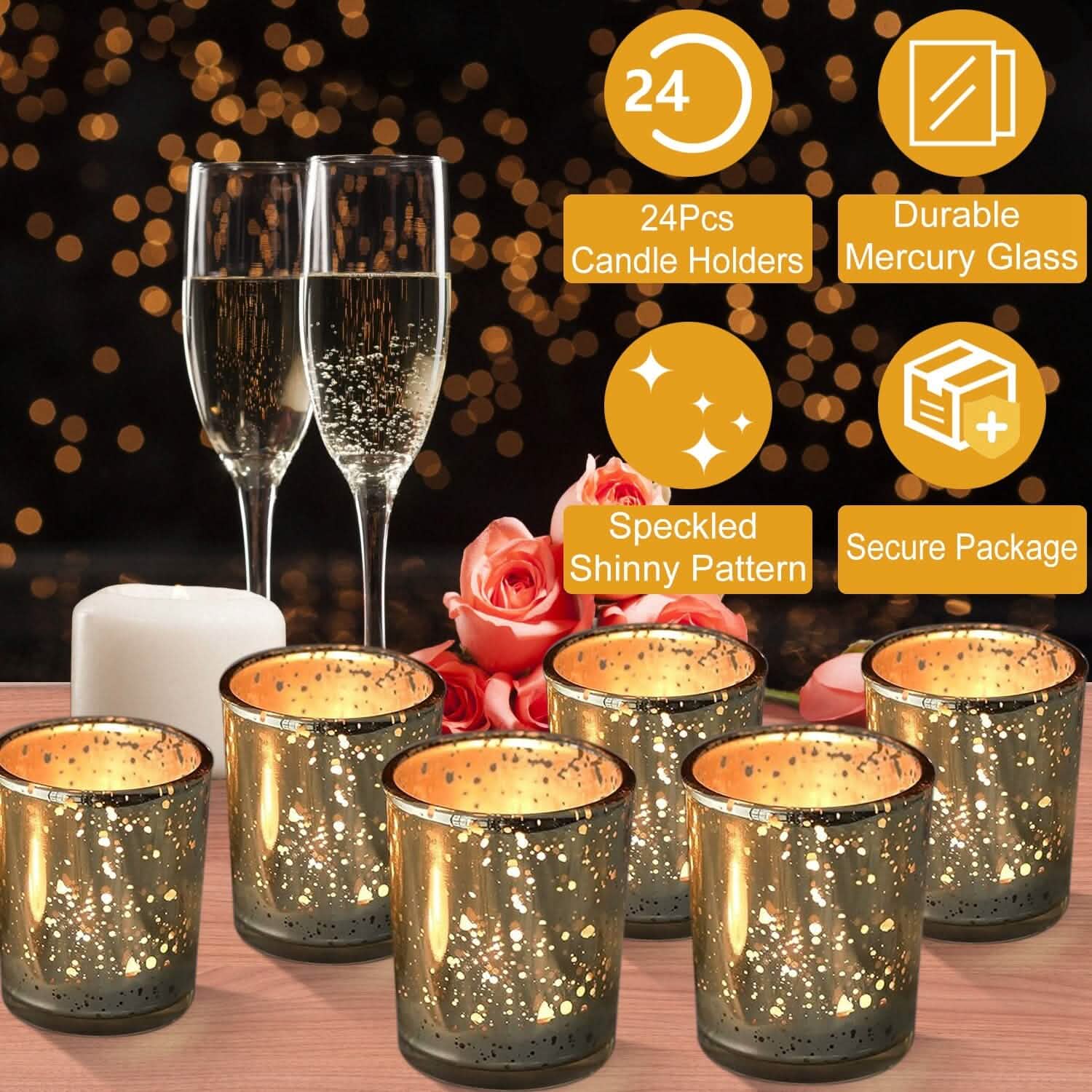 24-Pieces Gold Votive Tealights Candle Holder Mercury Glass