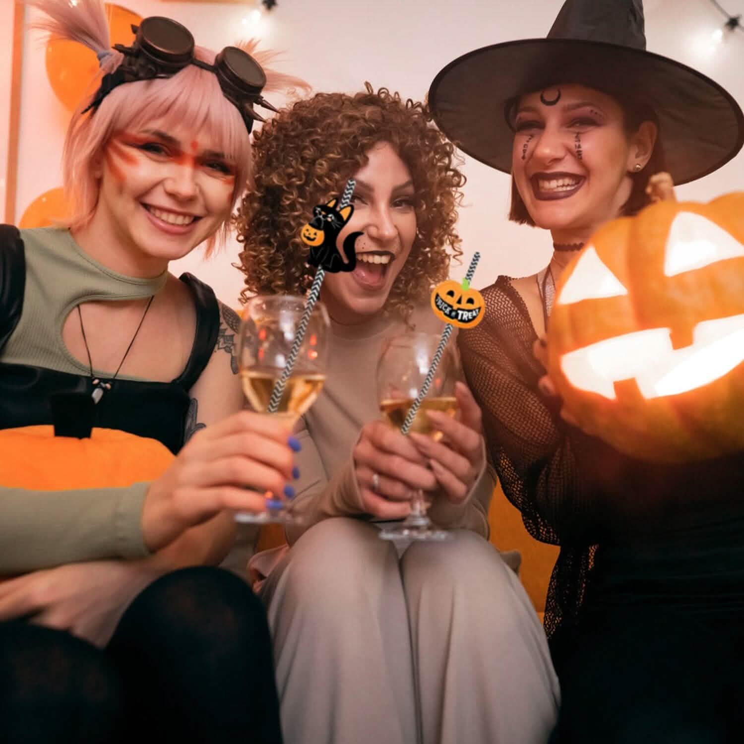 Lot de 24 pailles en papier rayées décoratives pour fête d'Halloween