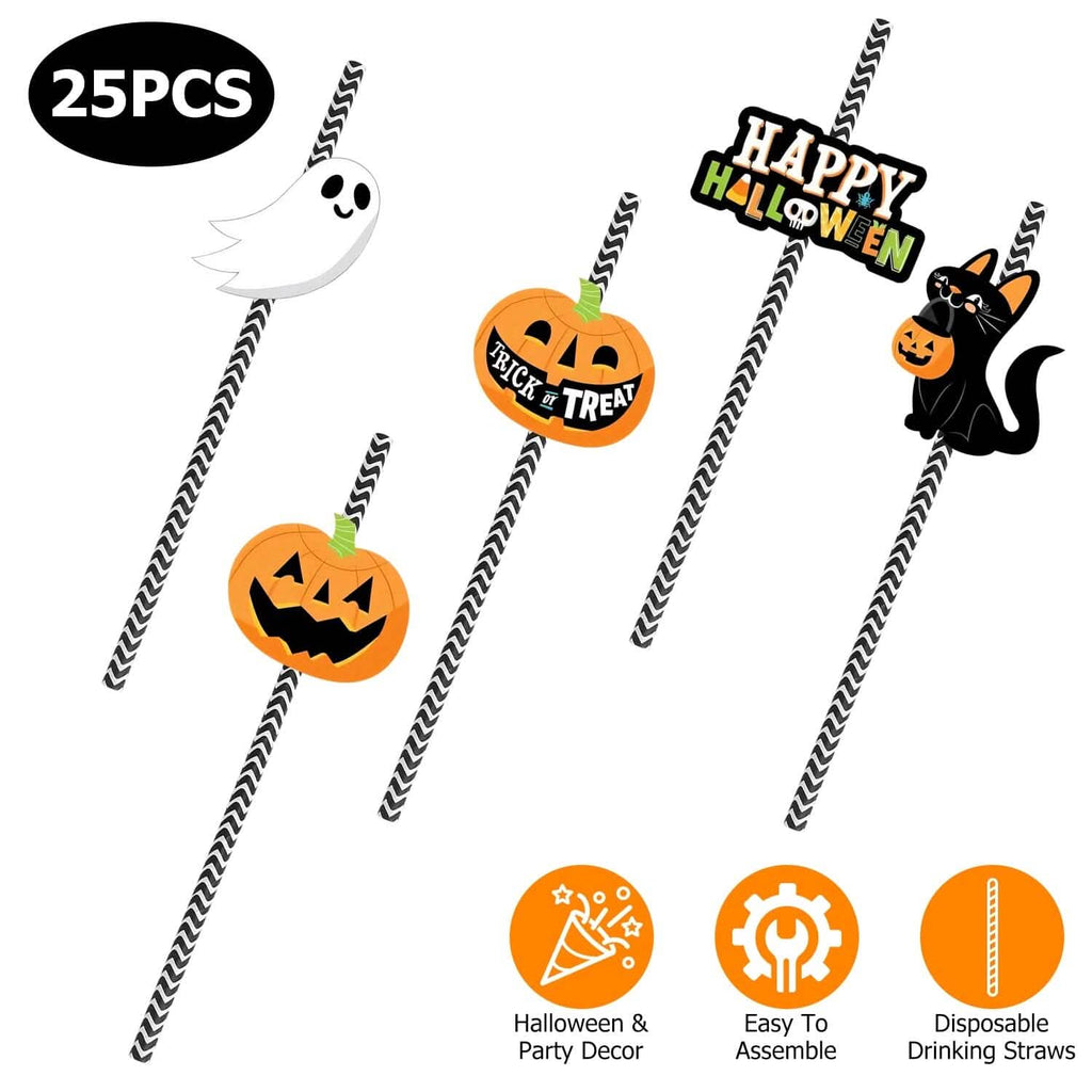 Lot de 24 pailles en papier rayées décoratives pour fête d'Halloween