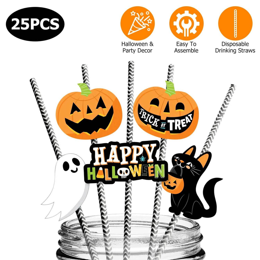Lot de 24 pailles en papier rayées décoratives pour fête d'Halloween