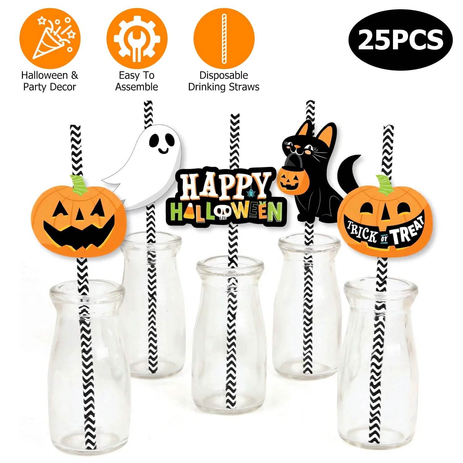 Lot de 24 pailles en papier rayées décoratives pour fête d'Halloween