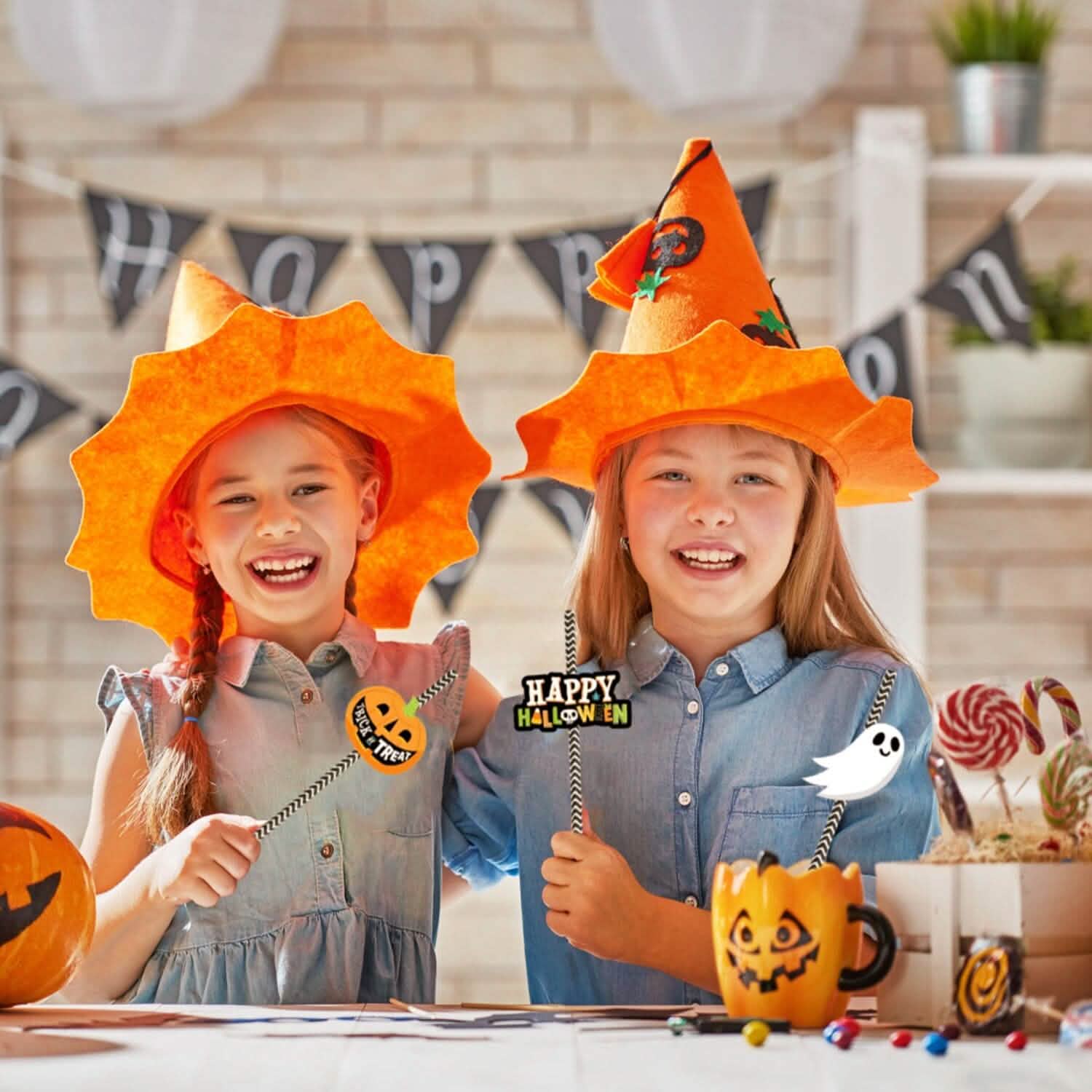 Lot de 24 pailles en papier rayées décoratives pour fête d'Halloween