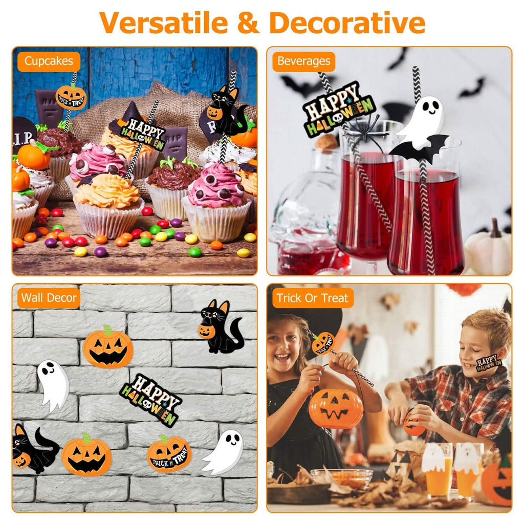 Lot de 24 pailles en papier rayées décoratives pour fête d'Halloween
