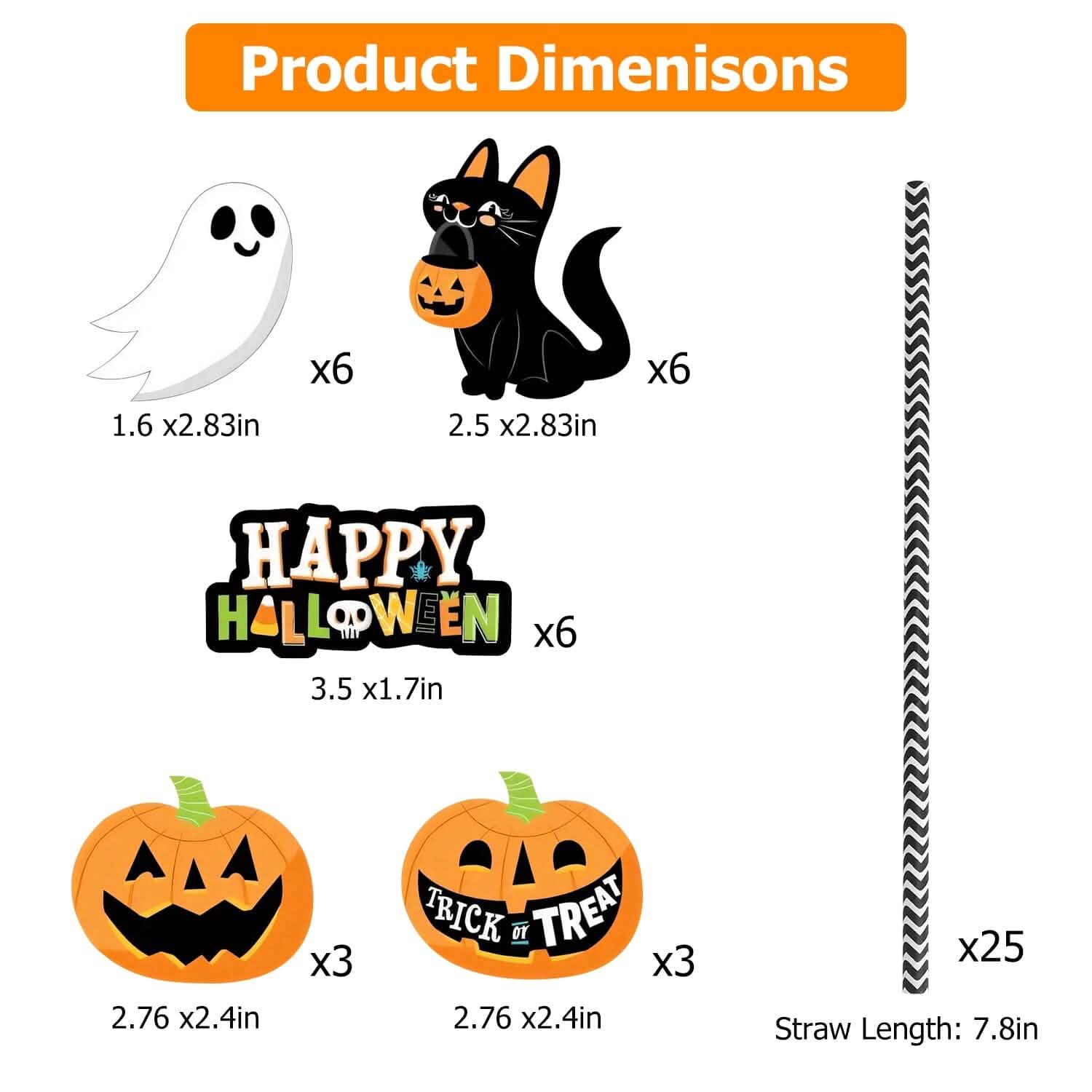 Lot de 24 pailles en papier rayées décoratives pour fête d'Halloween