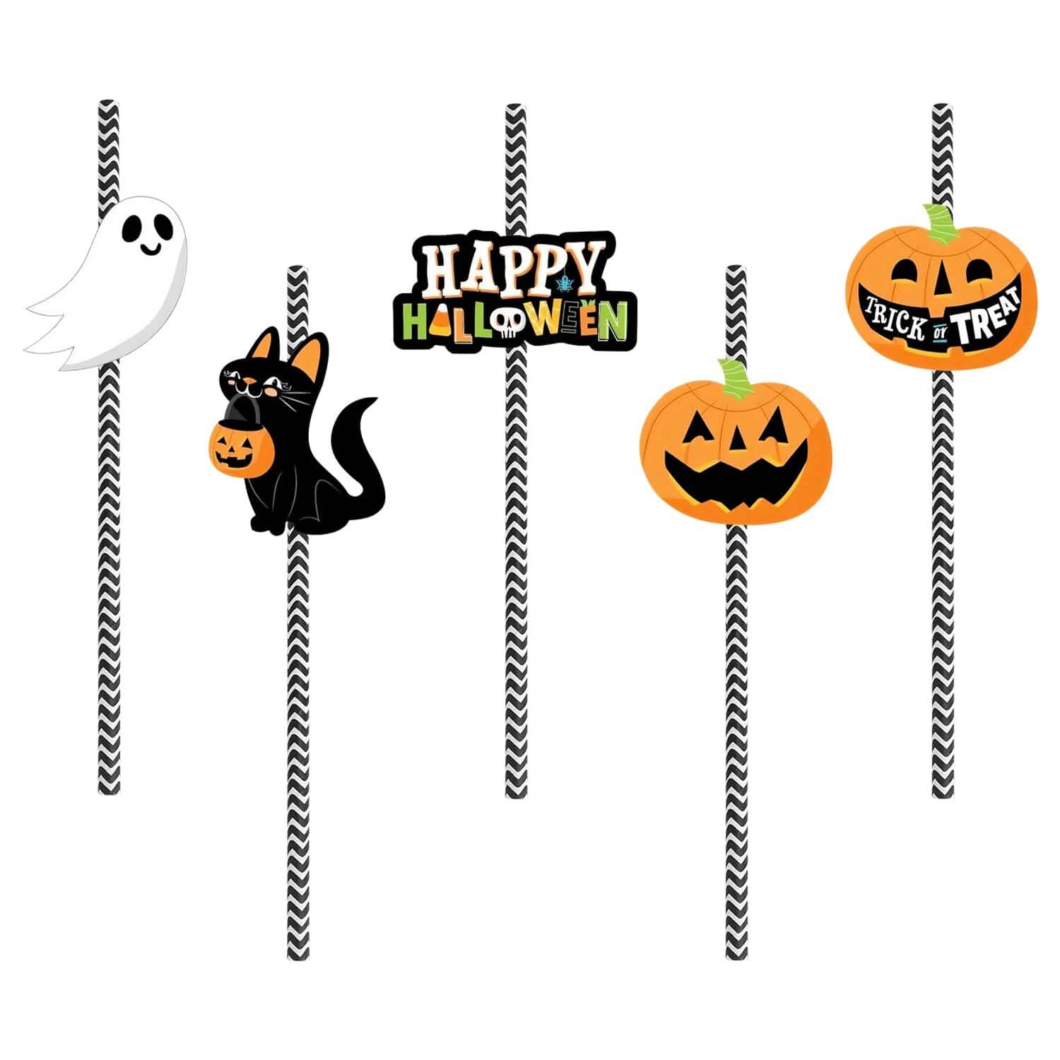 Lot de 24 pailles en papier rayées décoratives pour fête d'Halloween