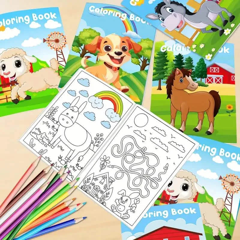 24 pièces : mini-livres de coloriage avec 24 crayons empilables, thème de la ferme