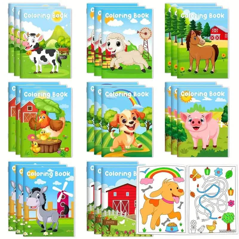 24 pièces : mini-livres de coloriage avec 24 crayons empilables, thème de la ferme