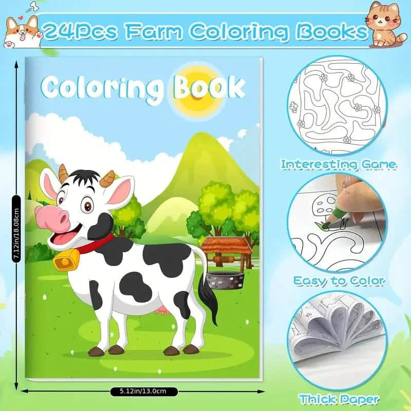 24 pièces : mini-livres de coloriage avec 24 crayons empilables, thème de la ferme