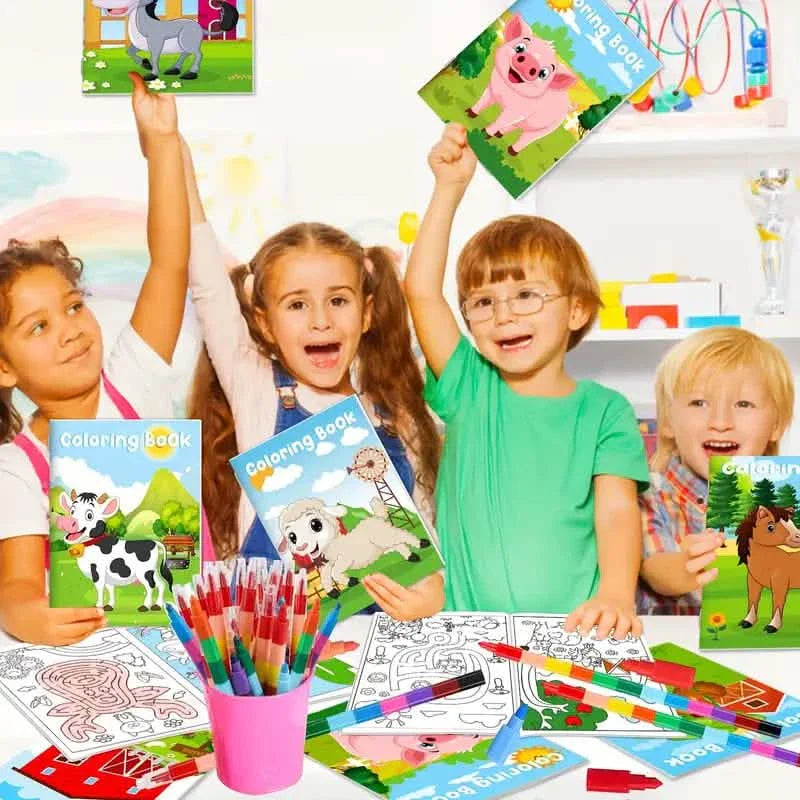 24 pièces : mini-livres de coloriage avec 24 crayons empilables, thème de la ferme
