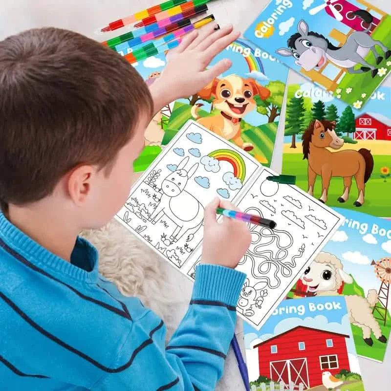 24 pièces : mini-livres de coloriage avec 24 crayons empilables, thème de la ferme
