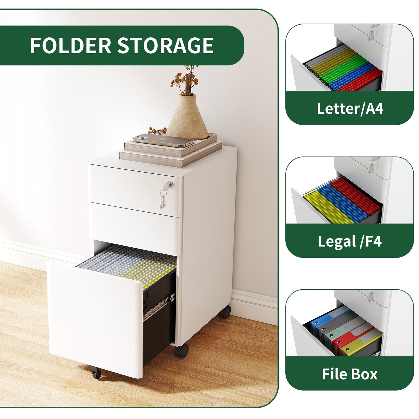 3-Drawer Mobile File Cabinet with Lock