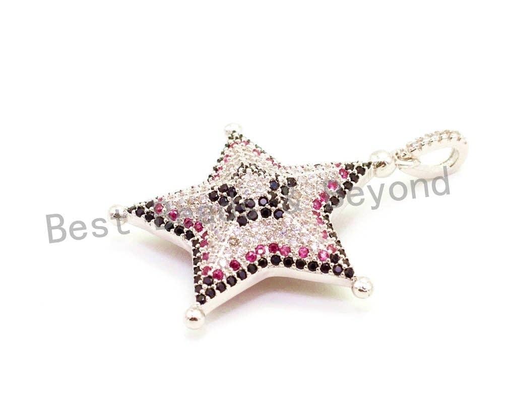 CZ Micro Pave Multi Color Star/Starfish Pendant with Diamond Bail, Cubic Zirconia Pendant,Gold/Rose Gold/Silver/Black Tone,30x40mm,SKU#F6