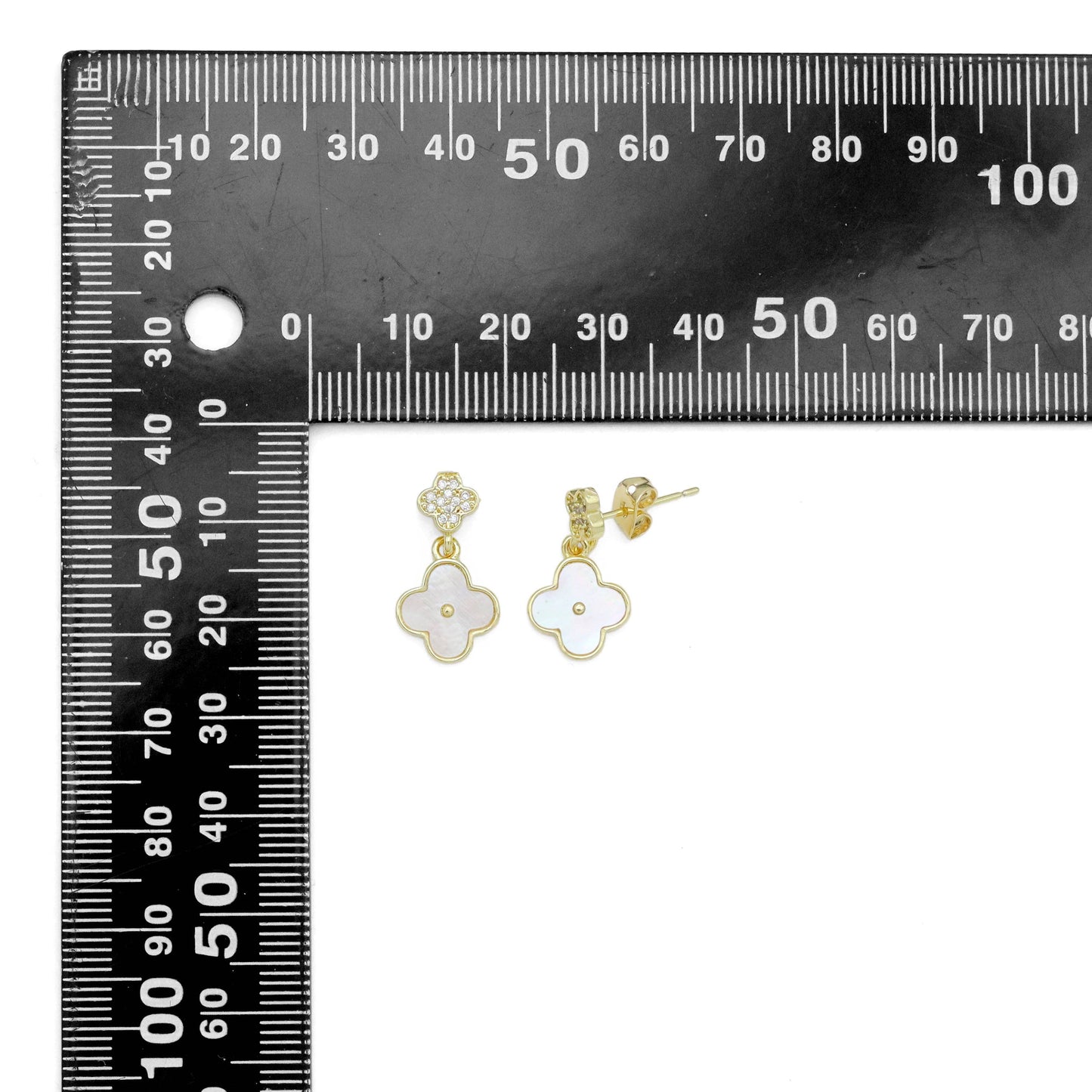 Clear CZ Mop Flower clover Shape Gold Stud Earrings, Sku#LK961
