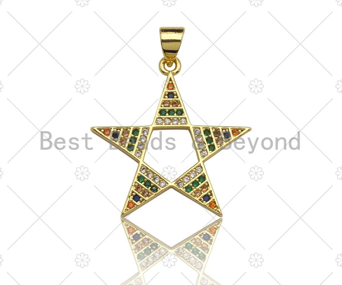 Mulicolor CZ Micro Pave Five point Star Shape Pendant, CZ Pave Star Charm, Gold Pave Star Pendant, 25mm, Sku#LK80