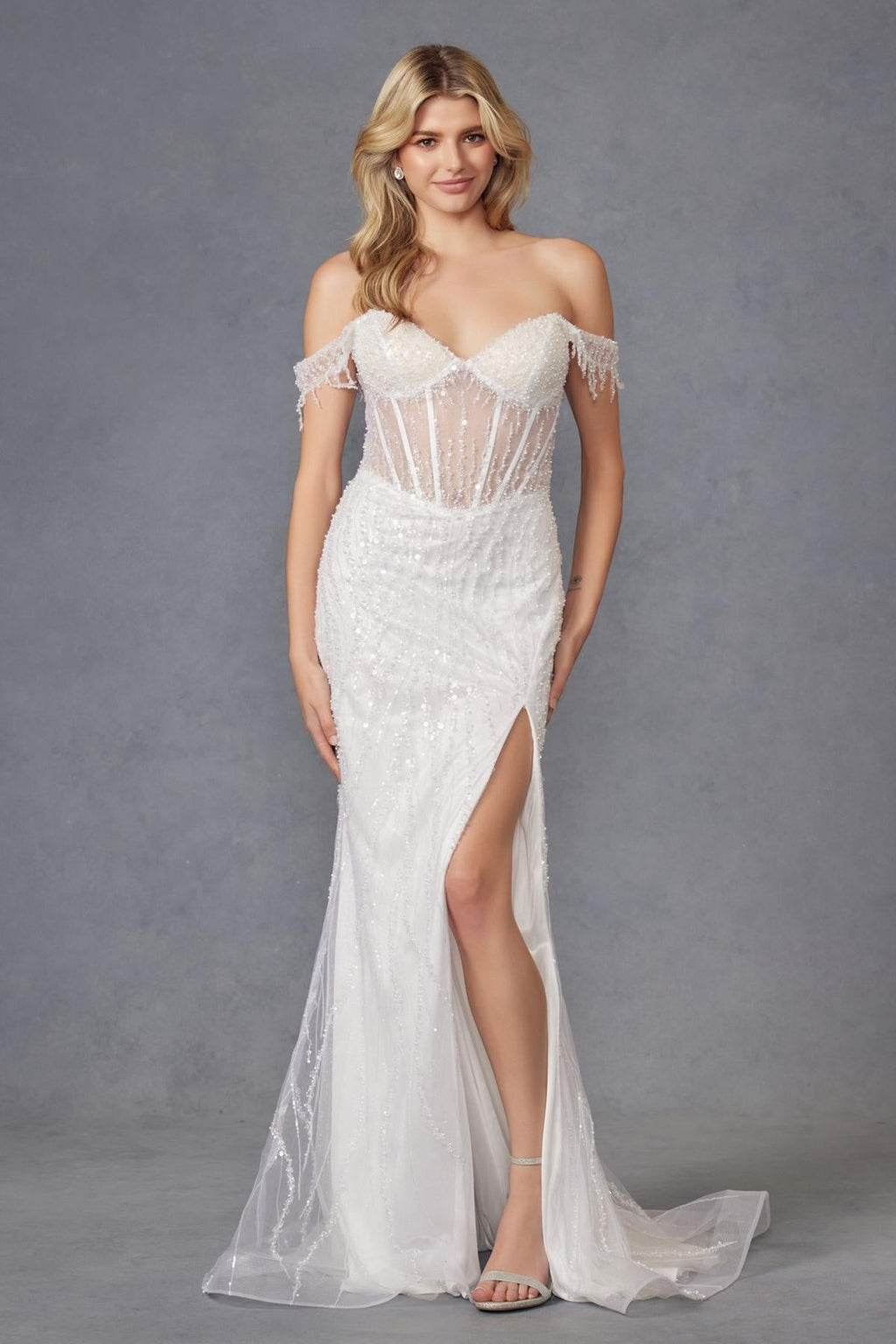 Juliet JT2471LW Long Off the Shoulder Fringe Sleeve Fitted Wedding Gown