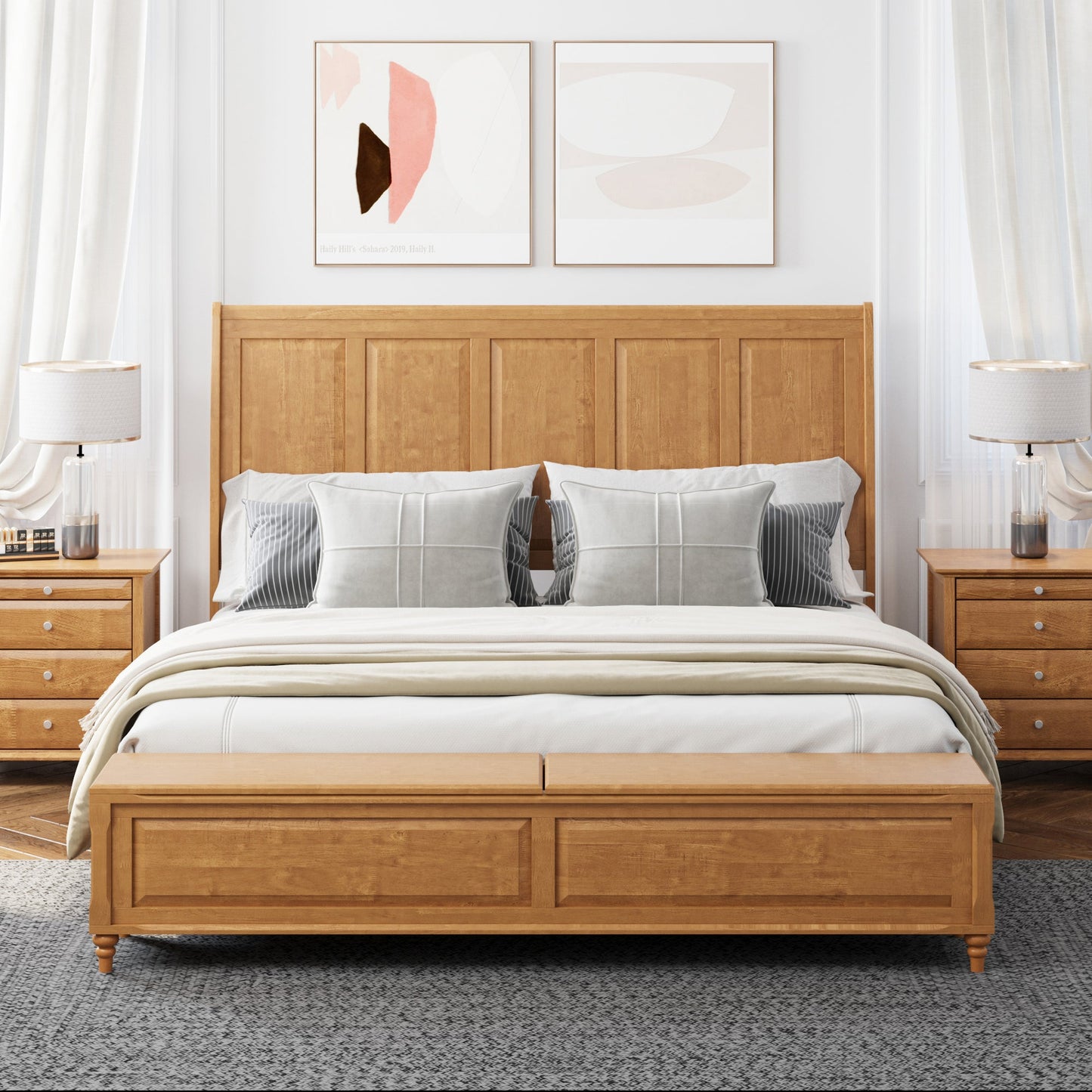 King Bed Frame with Tall Headboard and Storage Bench