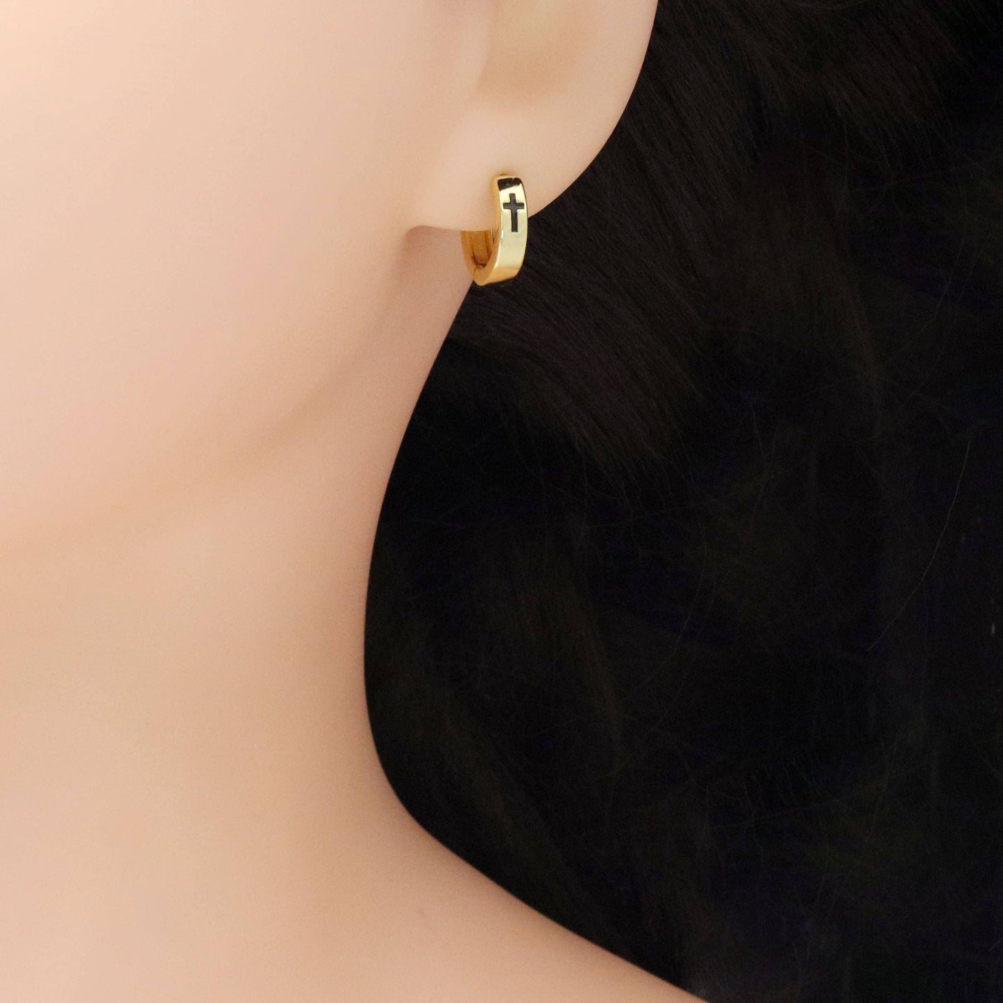 Gold Black Cross Hoop Earrings, Sku#ZX185