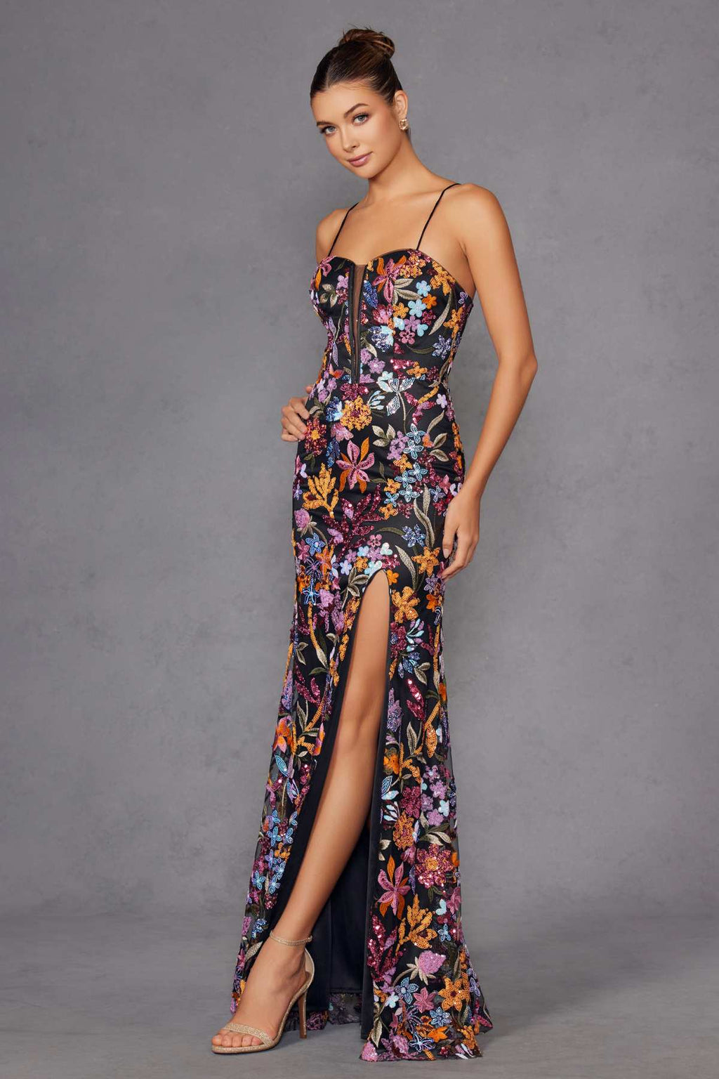 Juliet JT2498A Long Fitted Floral Embroidered Design Evening Gown