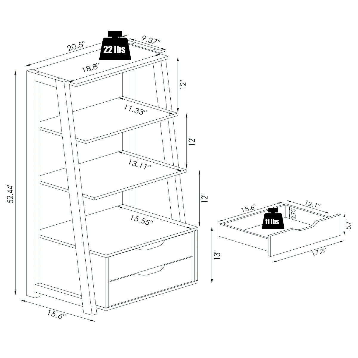 4-Tier Ladder Bookshelf Storage Display with 2 Drawers-White