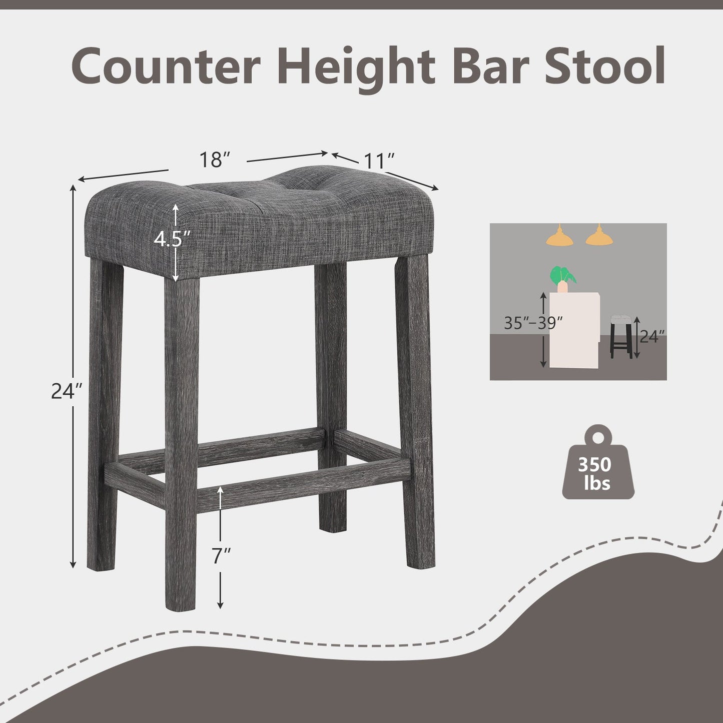 24 Inch Set of 2 Saddle Bar Stools with Padded Seat-Gray