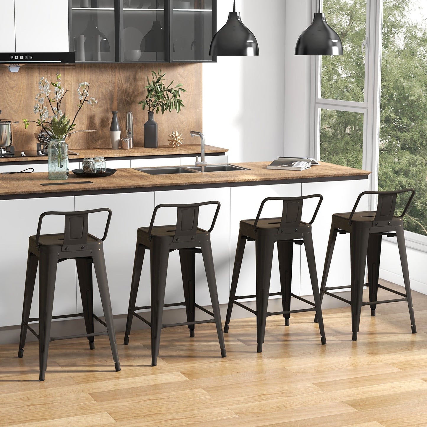 24 Inch Set of 4 Cafe Side Chairs with Rubber Feet and Removable Back