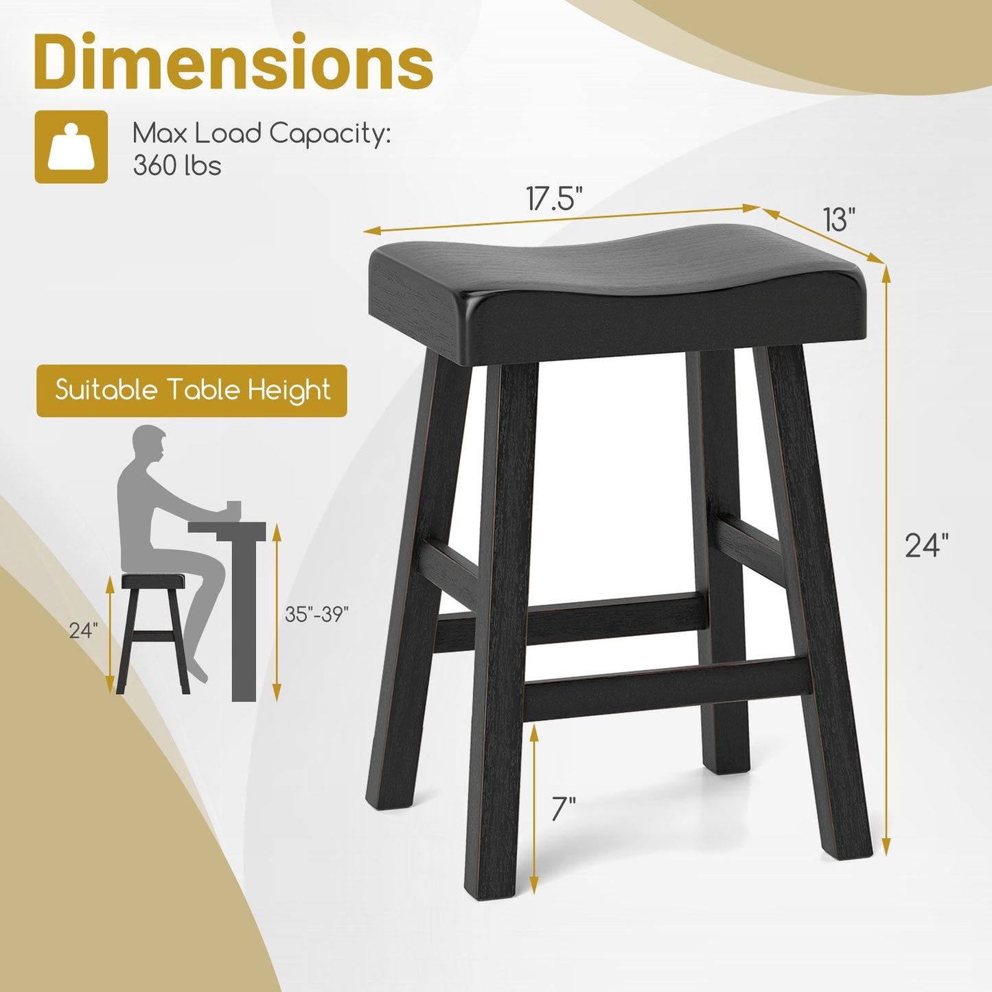 24 Inches Counter Height Stools Set of 2 with Footrest for Restaurant Cafe Pub-Black