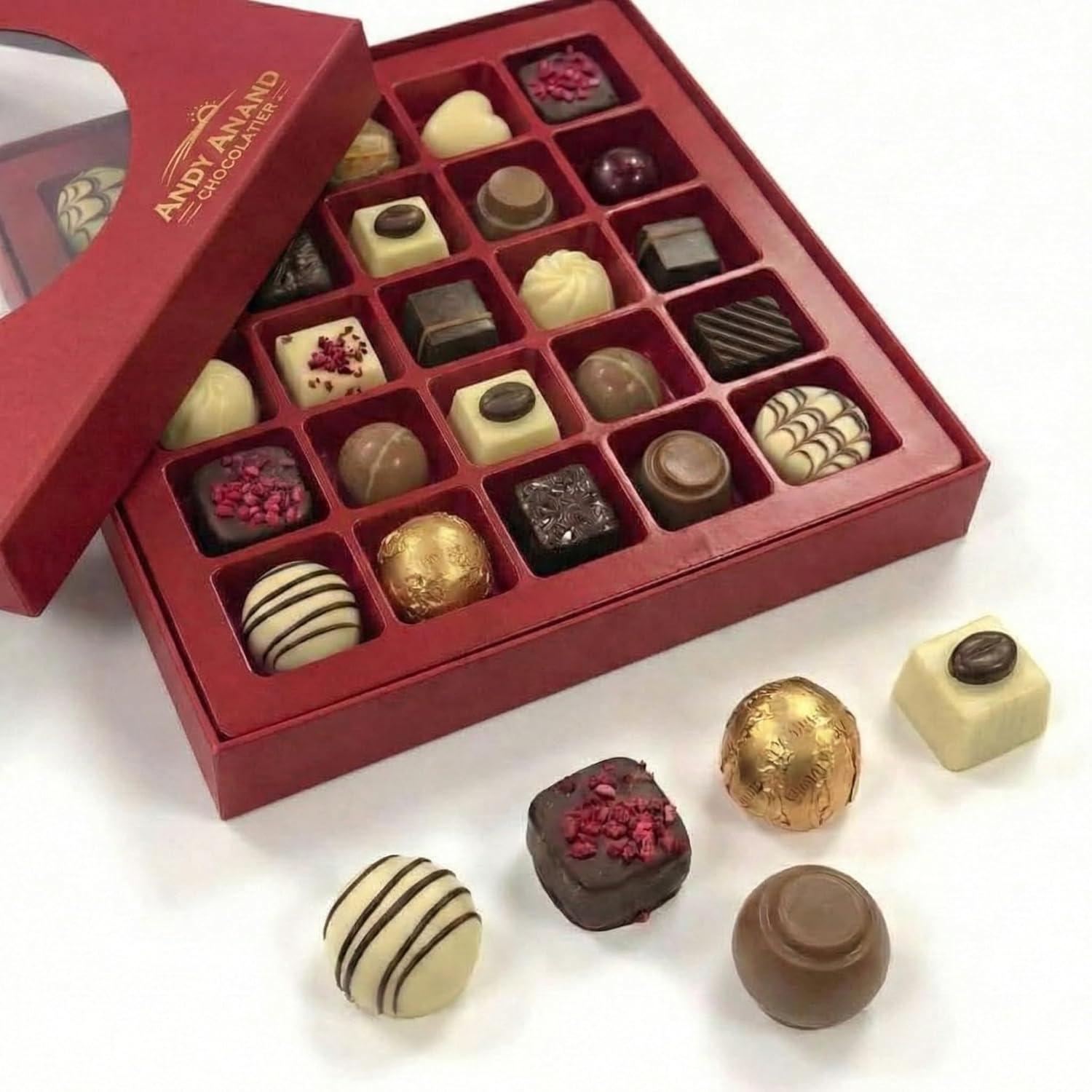 Andy Anand Premium Bon Bon Chocolate Collection, 25 pc – Truffles, Pralines, Pistachio Cream, Mint & Tiramisu, Birthday & Holiday Gift Box