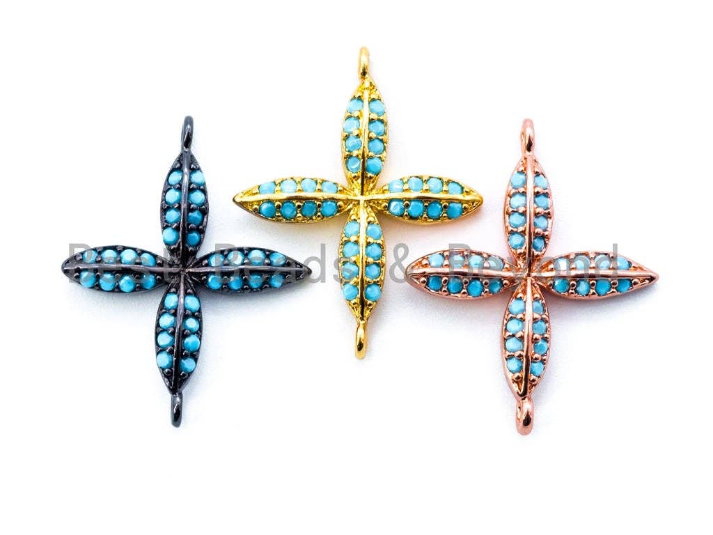 CZ Micro Pave Turquoise Four Leaf Connector, Cubic Zirconia Space Connector Charm, Fashion Jewelry Beads, 19X24mm, 1pc/2pcs sku#M113