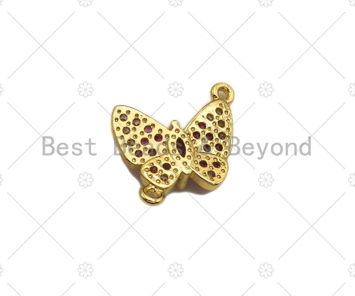 Fuchsia CZ Butterfly Connector, Butterfly Bracelet Link, Butterfly Pendant, Cubic Zirconia Pendant, Gold Tone, 16x18mm, Sku#LK86