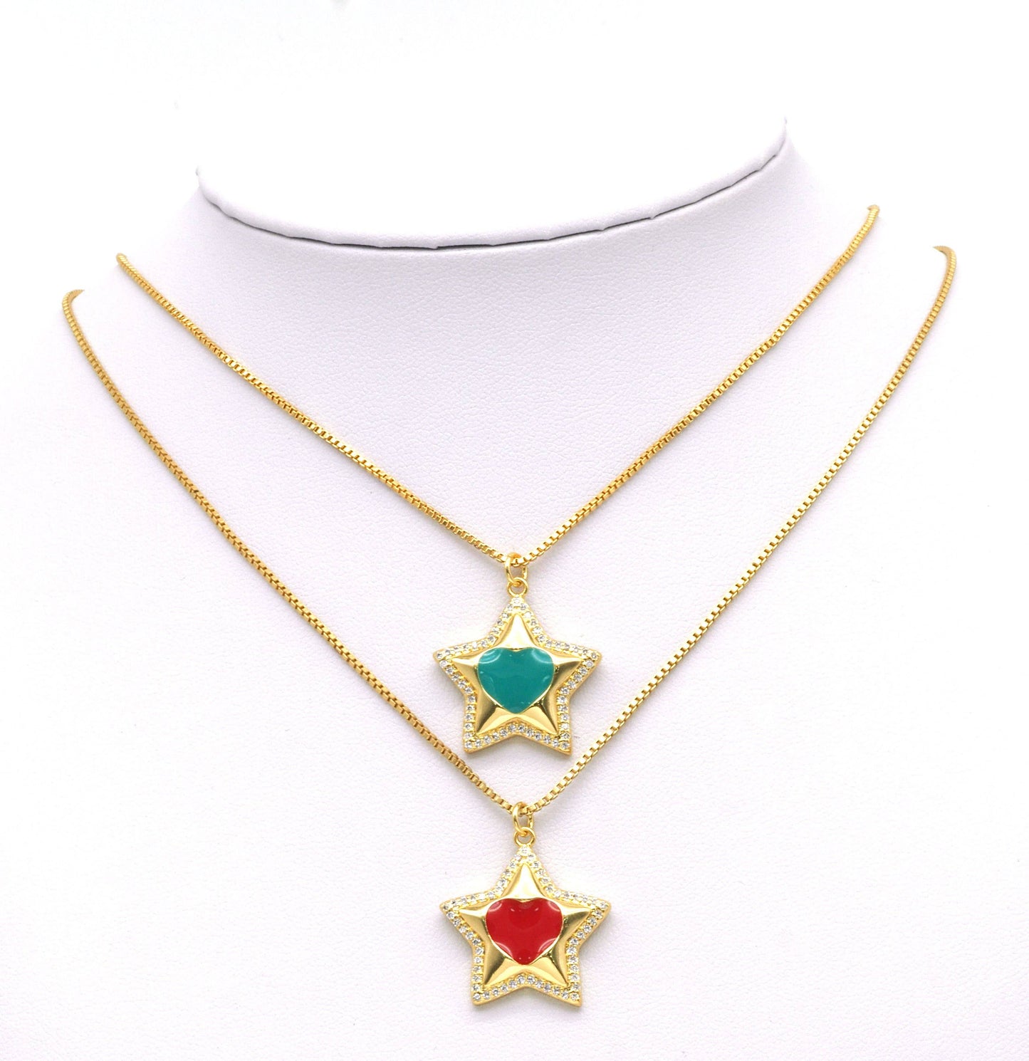 CZ Enamel Heart On Five Point Star Shape Pendant, Sku#Z1429