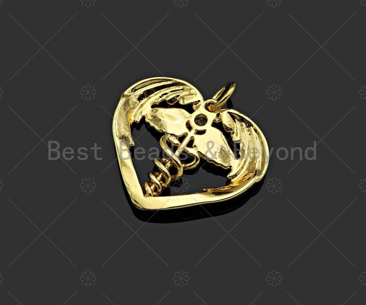 CZ Micro Pave Angle Wing On Heart Shape Pendant/Charm, 14K Gold Filled Heart Charm, Necklace Bracelet Charm Pendant,21x18mm,Sku#ZX33