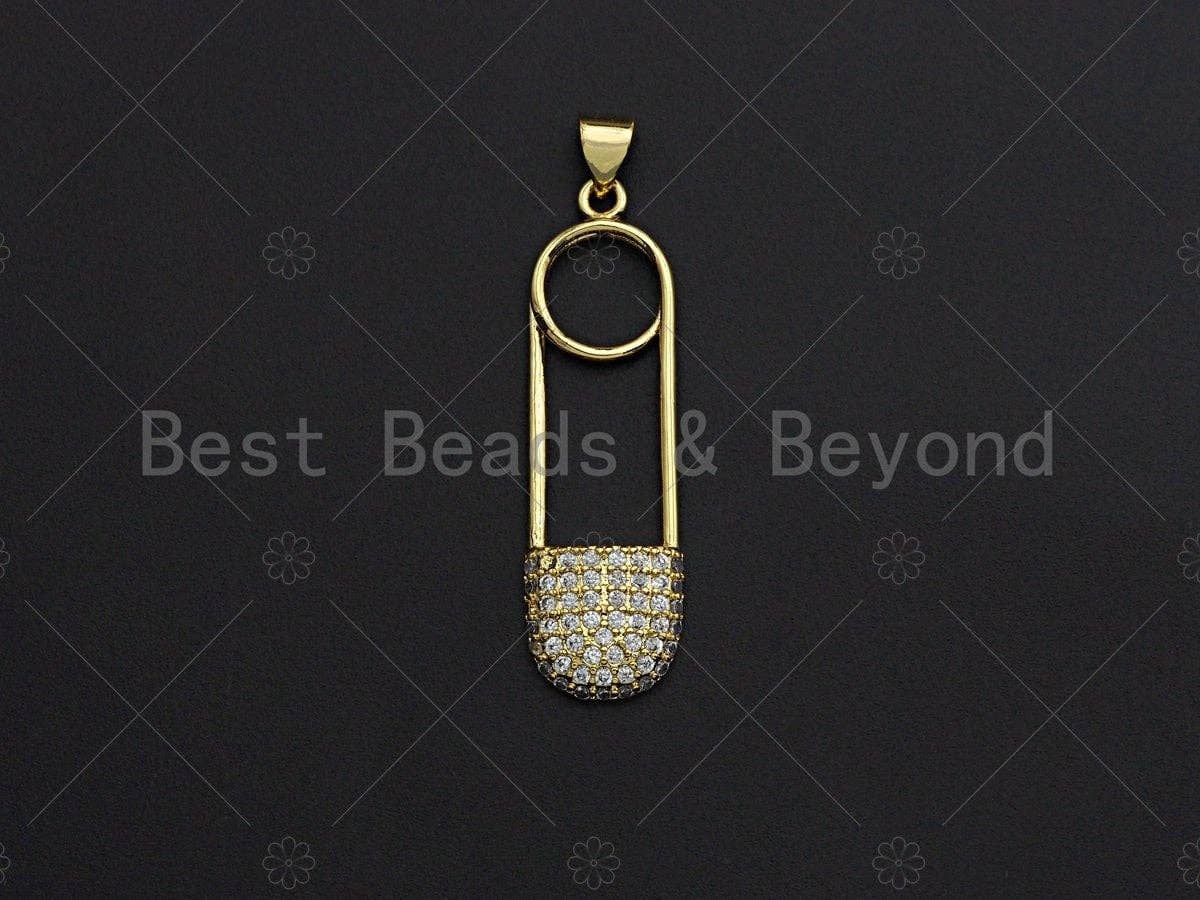Clear CZ Micro Pave Safe Pin Shape Pendant, CZ Micro Pave Safe Pin pendant, Gold Pave pendant, 11x37mm, sku#LK17