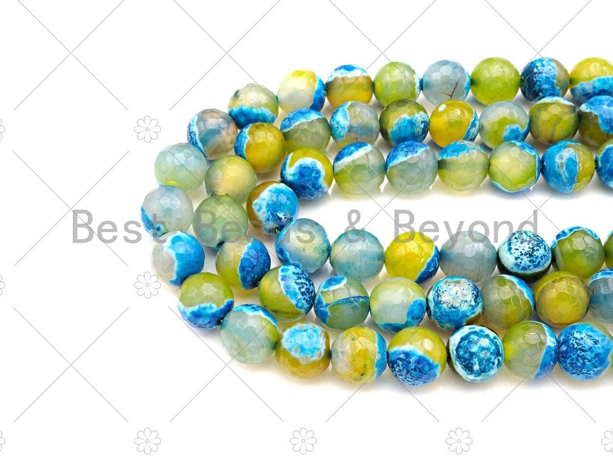 Natural Blue Yellow Fire Agate Round Faceted Beads, 8mm/10mm
