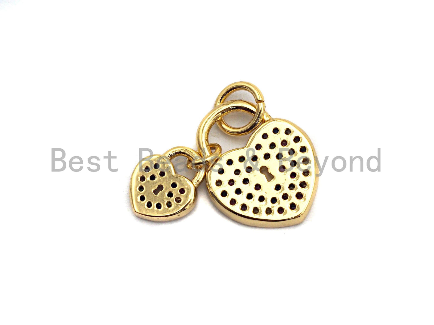 CZ Colorful Micro Pave Big heart Small Heart Lock Pendant, Heart Shaped Pave Pendant, Gold plated, 10x13mm, Sku#F825C