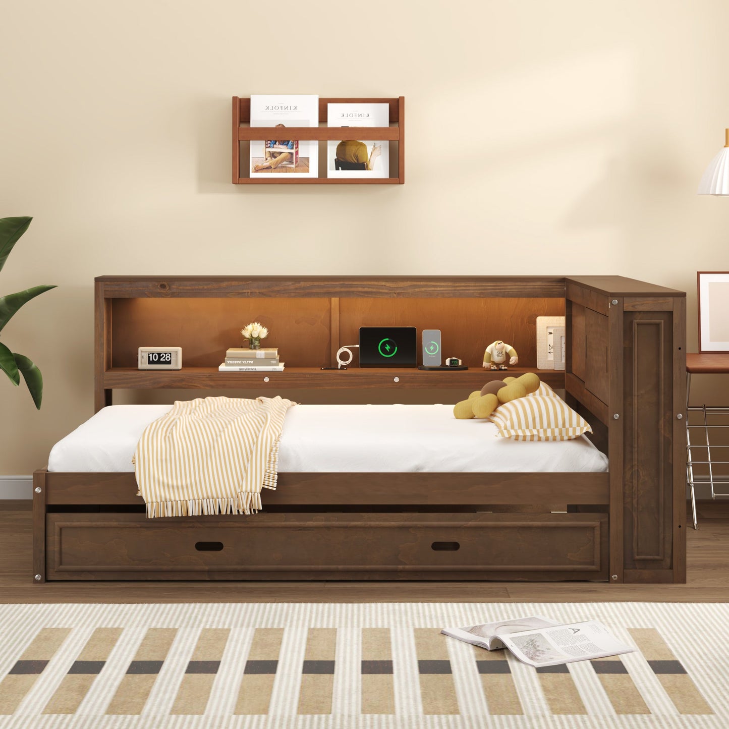 Full Size Wood Daybed with Storage Shelves, USB, LED, and Trundle
