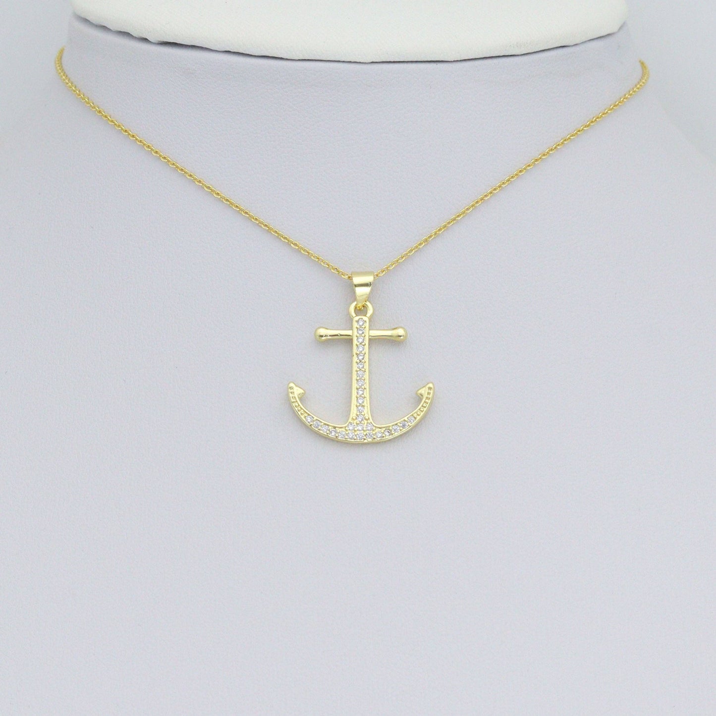 Clear CZ Gold Boat Anchor Charm Pendant, Sku#LK1166