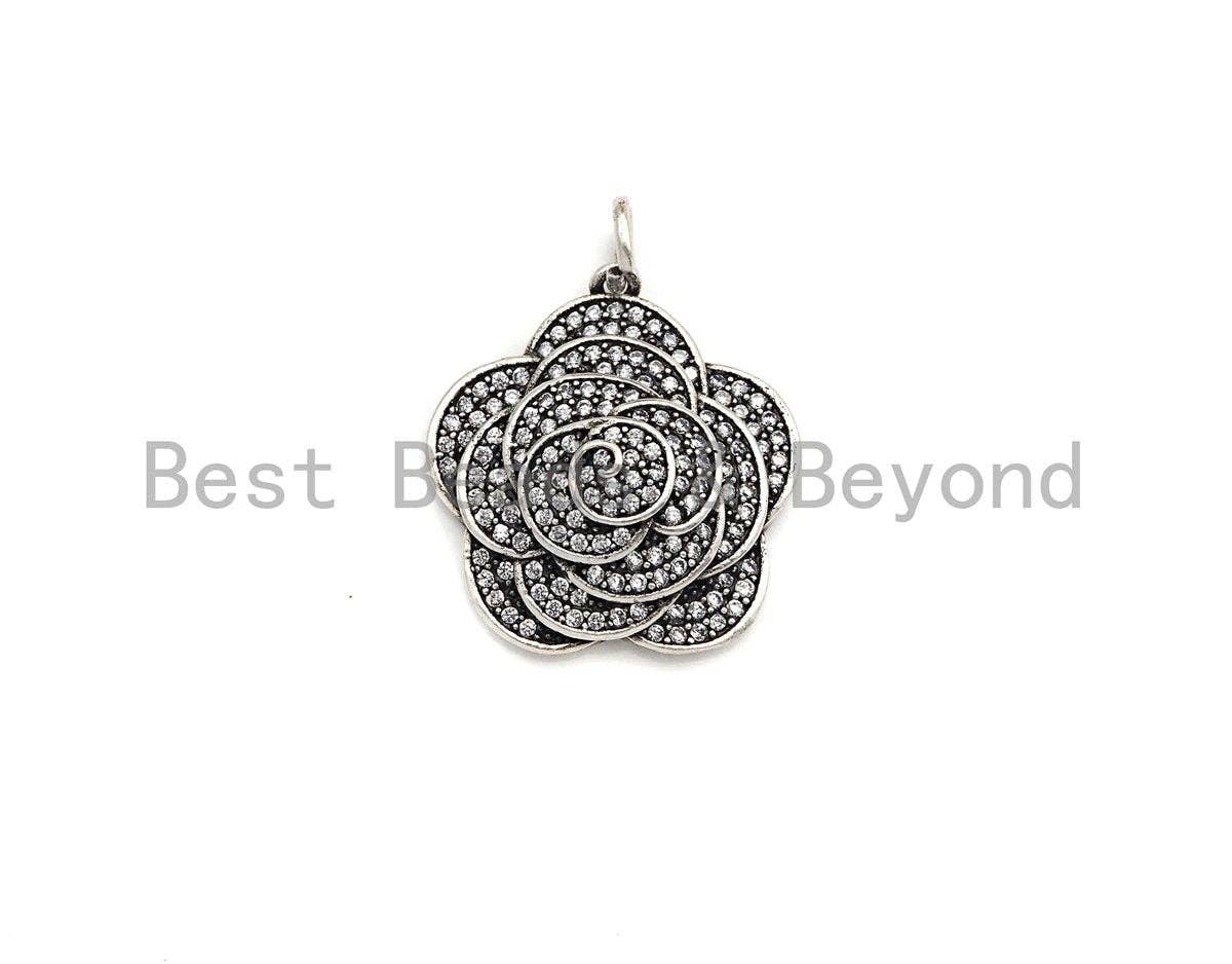 CZ Micro Pave Rose Flower Shape Pendant, Antique Silver Tone, Cubic Zirconia Pave Flower Charm Pendant, 23x25mm,sku#F1029C