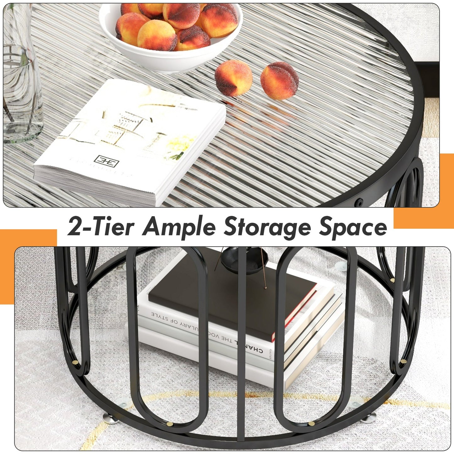 24 Inch Round Coffee Table with Reeded Tempered Glass Top and Oval Swivel Brackets