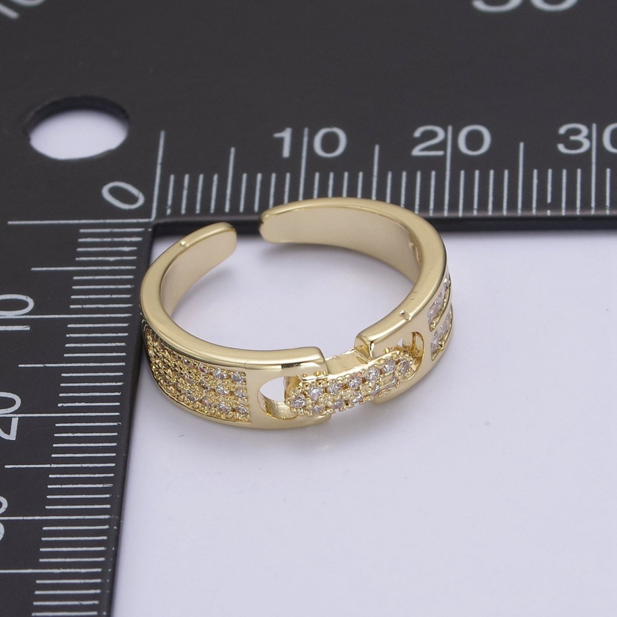 24K Gold Filled Belt Buckle Statement Ring, Micro Pave Crystal Zirconia CZ Adjustable Ring in Gold & Silver U-530 U-531